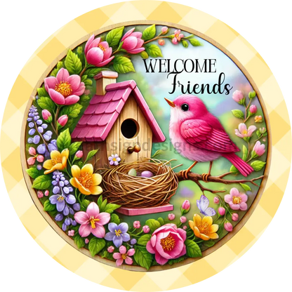 Welcome Friends Pink Bird And Spring Flower Purple Round Metal Wreath Sign (Copy) 10”