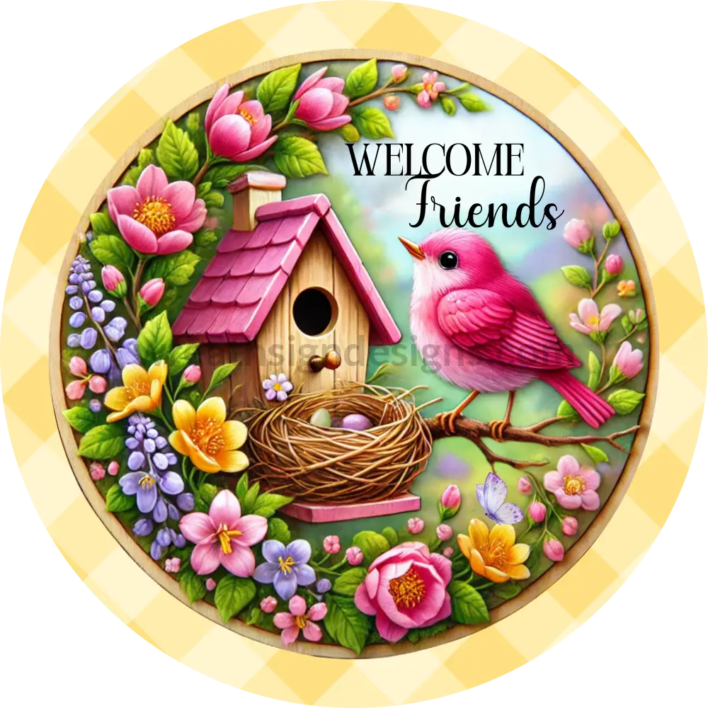 Welcome Friends Pink Bird And Spring Flower Purple Round Metal Wreath Sign (Copy) 11.75’’