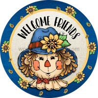 Welcome Friends-Scarecrow Denim Blue And Sunflowers Fall Circle Metal Wreath Sign 8