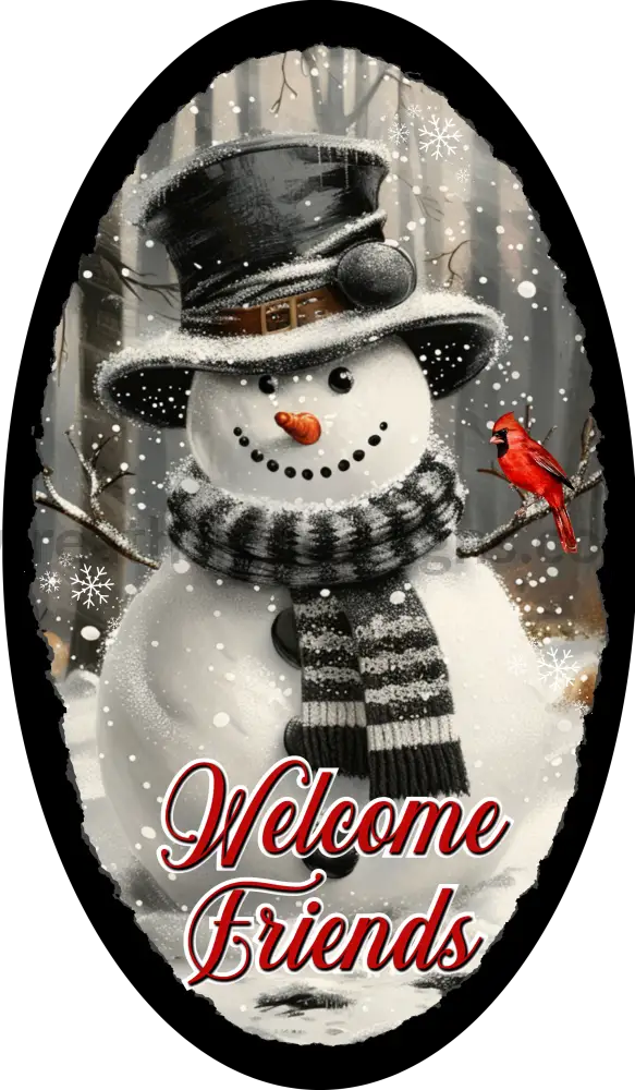 Welcome Friends Snowman And Cardinal Oval Winter Wreath Metal Sign