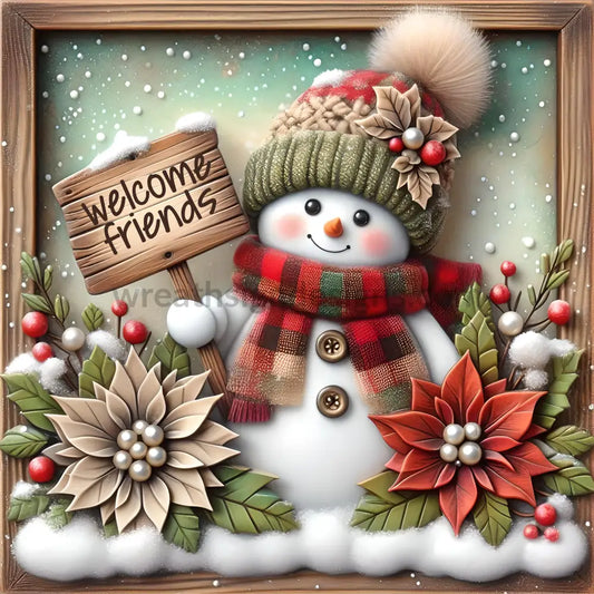 Welcome Friends Snowman And Poinsettia Metal Winter Wreath Sign 8’