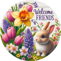 Welcome Friends Spring Bunny And Flowers Metal Wreath Sign 6’