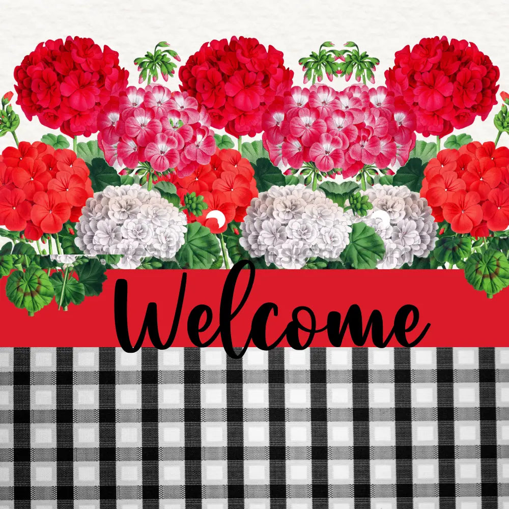 Welcome Geranium And Black Gingham _Floral Wreath Metal Sign 8