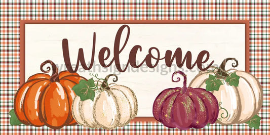 Welcome Glitter Pumpkins 12X6 Metal Sign