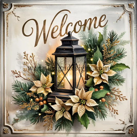 Welcome Gold Poinsettia Lantern - Metal Winter wreath Signs MS-1338 8’’
