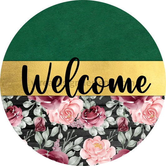 Welcome-Green Burgundy Gold Floral-Metal Wreath Sign 8 Circle