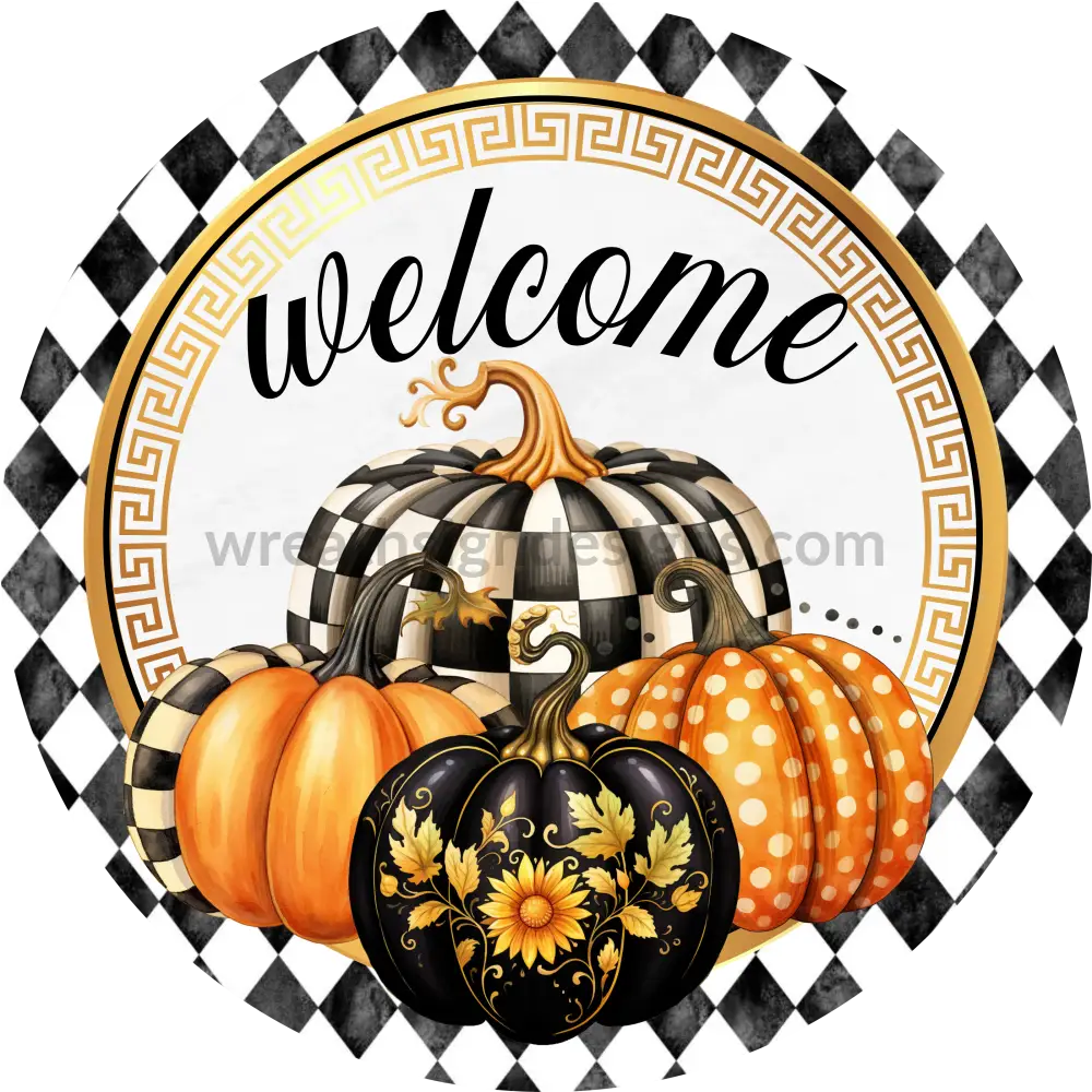 Welcome Harlequin Pumpkin Fall Wreath Sign 6