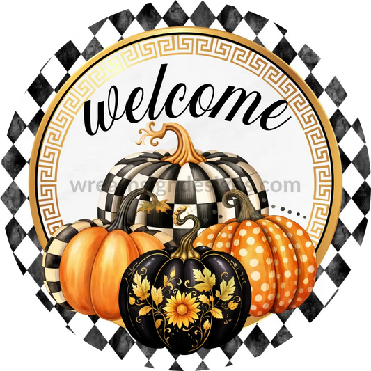 Welcome Harlequin Pumpkin Fall Wreath Sign 6