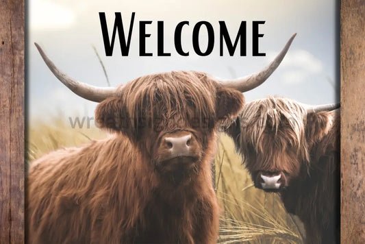 Welcome Highland Cow Metal Wreath Sign 12X8