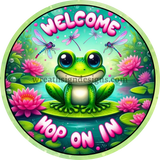 Welcome Hop On In -Frog Metal Wreath Sign 6’