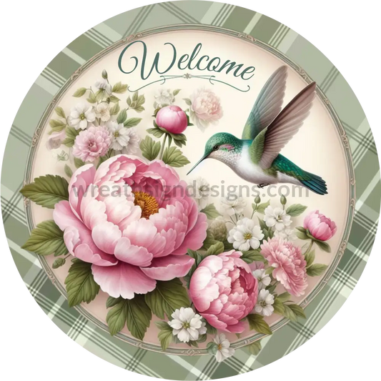 Welcome Hummingbird And Pink Peonies Metal Wreath Sign 6’