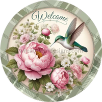 Welcome Hummingbird And Pink Peonies Metal Wreath Sign 6’