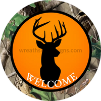 Welcome Hunters Orange And Camo Deer -Round Metal Wreath Sign 6