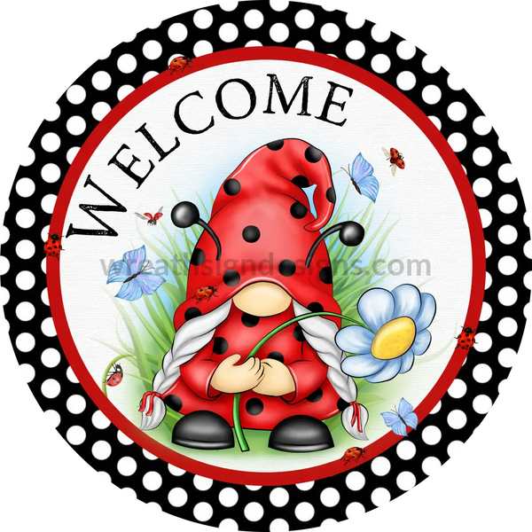 Welcome Ladybug Gnome Metal Wreath Sign 6