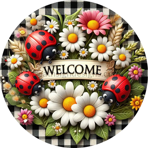 Welcome Ladybugs And Wildflowers Faux 3D- Metal Wreath Sign 8
