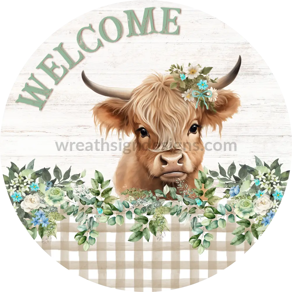 Welcome Mint And Blue Highland Cow Metal Wreath Sign 6’