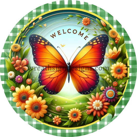 Welcome Orange Butterfly Metal Wreath Sign