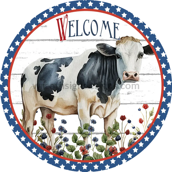 Welcome Patriotic Farmhouse Cow Wreath Metal Sign 8