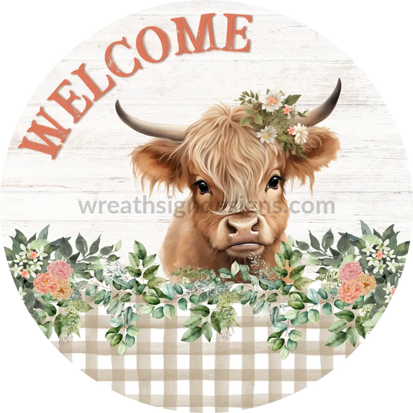 Welcome Peach And Pink Highland Cow Metal Wreath Sign 6’