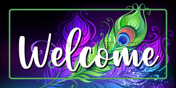 Welcome Peacock Feather On Blue & Purple Background-12X6