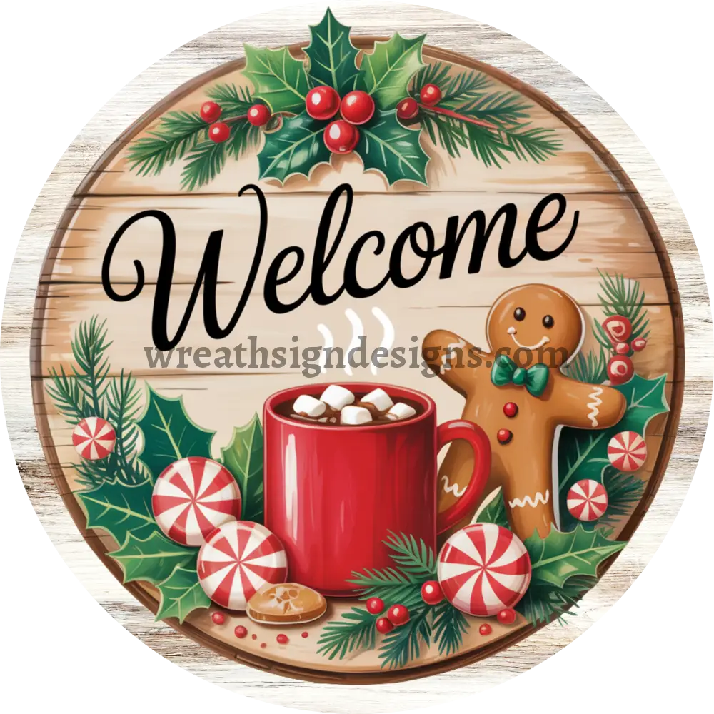 Welcome Peppermint Gingerbread Metal Christmas Winter Wreath Sign MS-1422 6’’
