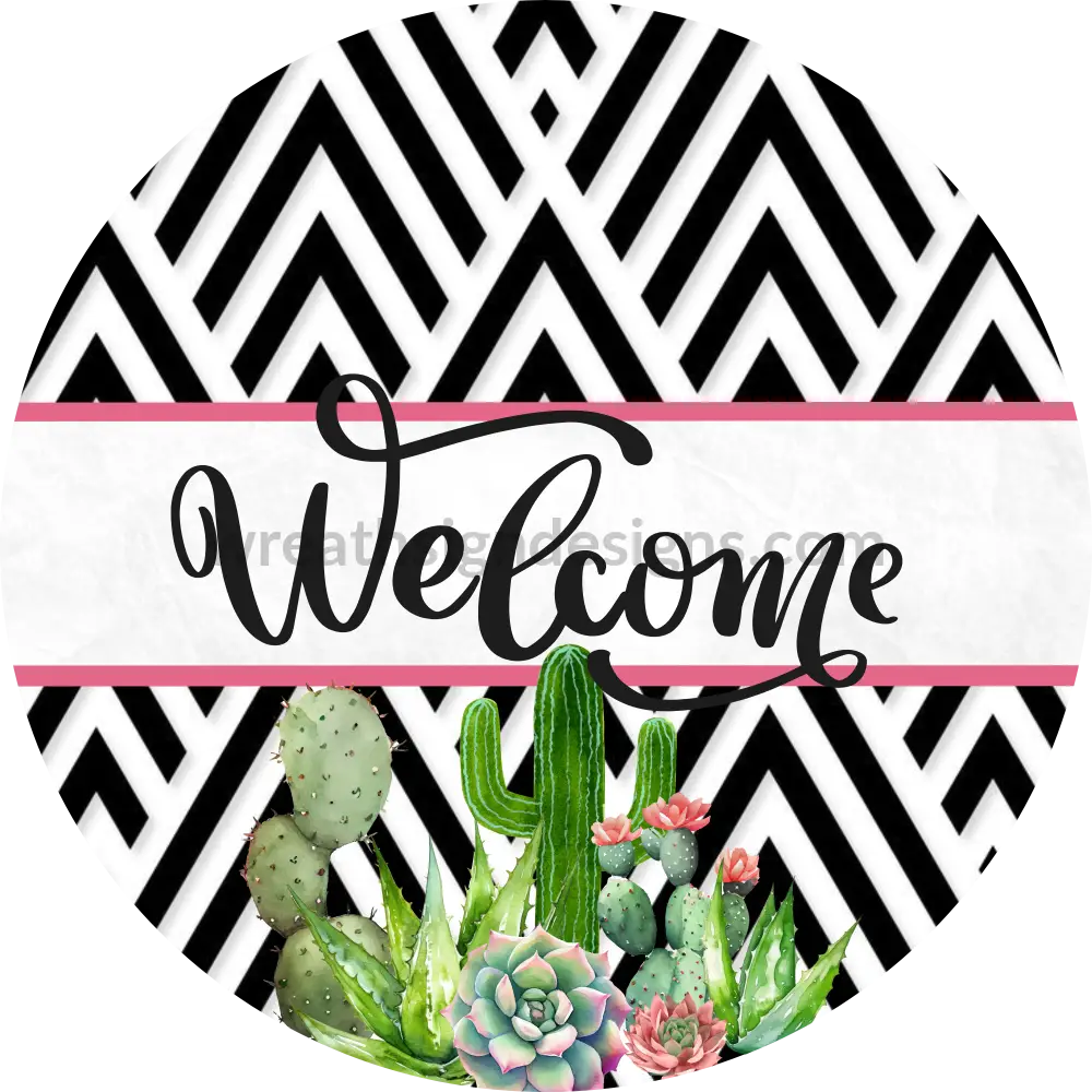 Welcome Pink And Black Cactus Succulents Circle Round Metal Wreath Sign 6