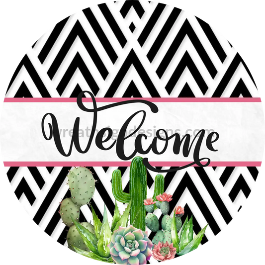 Welcome Pink And Black Cactus Succulents Circle Round Metal Wreath Sign 6