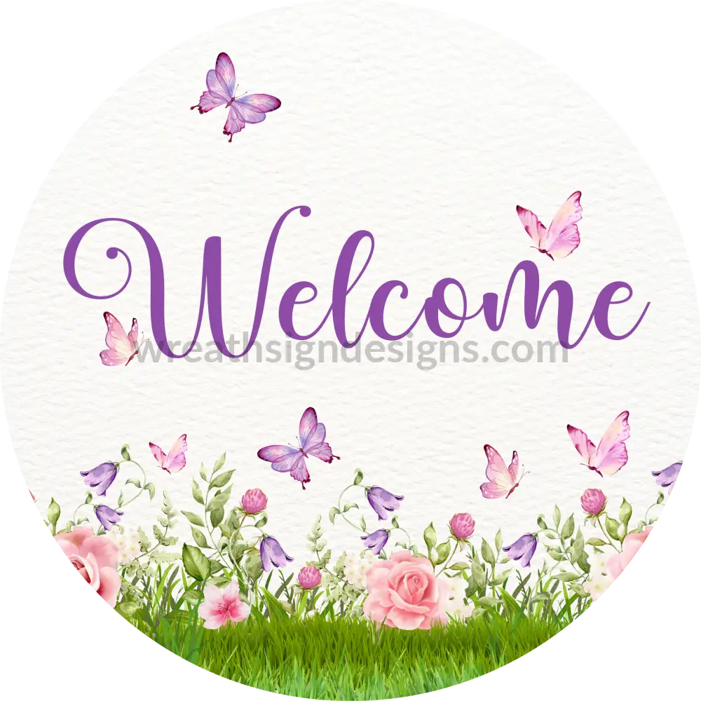 Welcome Pink Butterflies And Spring Flowers Metal Wreath Sign