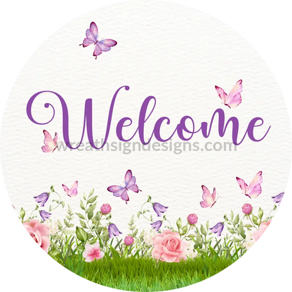 Welcome Pink Butterflies And Spring Flowers Metal Wreath Sign