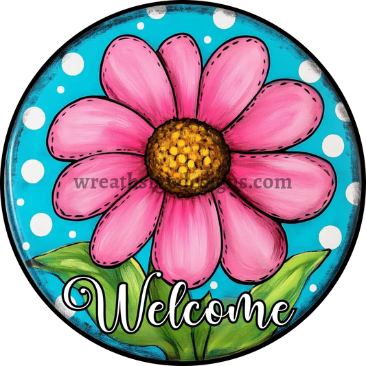 Welcome Pink Daisy Metal wreath Sign MS-1209