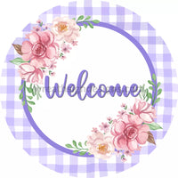 Welcome Pink Floral With Purple Plaid Metal Wreath Sign 6