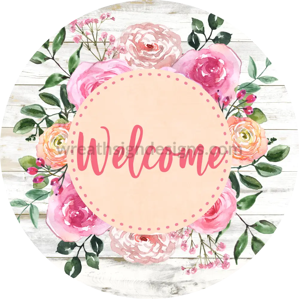 Welcome- Pink Florals Metal Wreath Sign 6