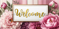 Welcome Pink Peonies- 12X6 Metal Wreath Sign