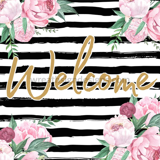 Welcome Pink Peonies And Black Stripes- Metal Sign 8