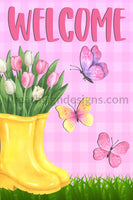 Welcome Pink Spring Tulips And Rainboots 8X12 Metal Sign 12X6 Metal Sign