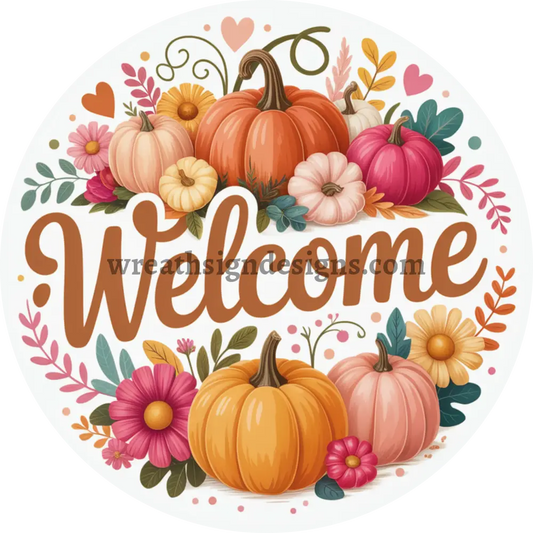 Welcome Pumpkins and florals Orange and Pink-Metal Fall Wreath Sign MS-1420