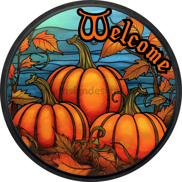 Welcome Pumpkins On A Blue Sky Faux Stained Glass 6