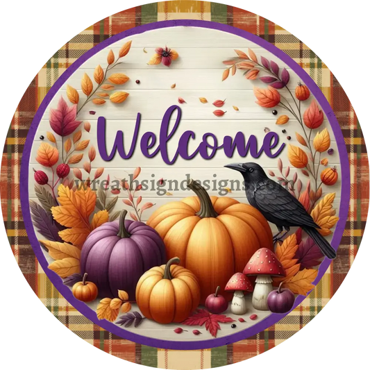 Welcome Pumpkins Plum and Orange -Metal Fall Wreath Sign MS-1444
