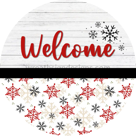 Welcome Red And Black Snowflake White Wood-Metal Sign 6