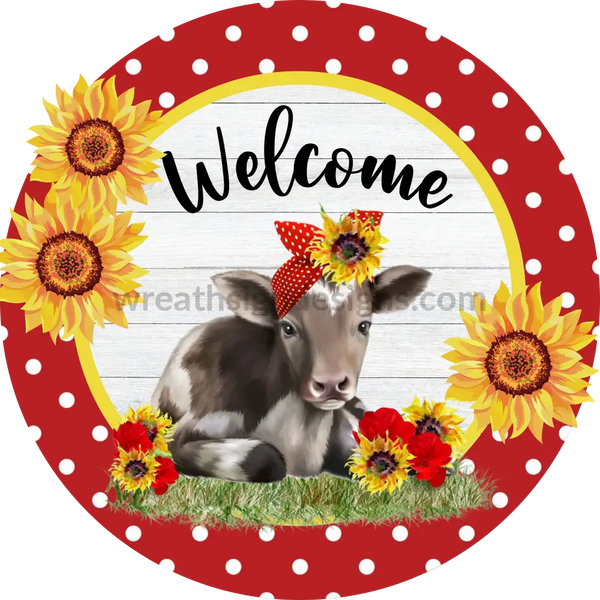Welcome Red Bandana Cow With Sunflowers Metal Sign 8 Cicle