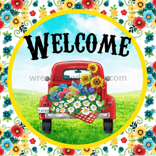 Welcome -Red Frontier Woman Flower Truck Floral Square Metal Sign 8