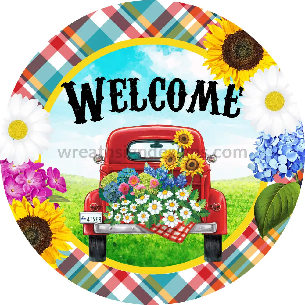Welcome -Red Frontier Woman Flower Truck Plaid Circle Metal Sign 8