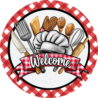 Welcome Red Gingham Kitchen Tools- Chefs Metal Wreath Sign 8