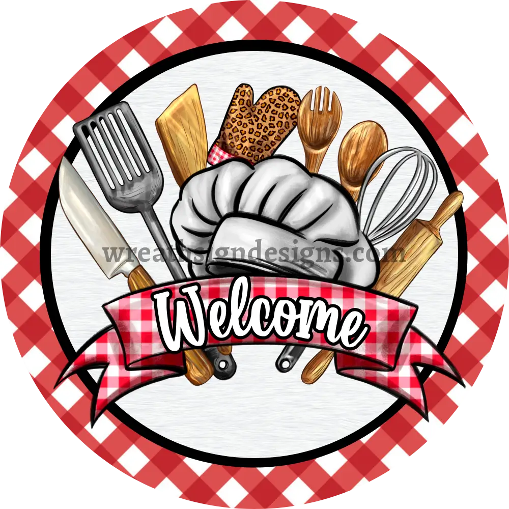 Welcome Red Gingham Kitchen Tools- Chefs Metal Wreath Sign 8