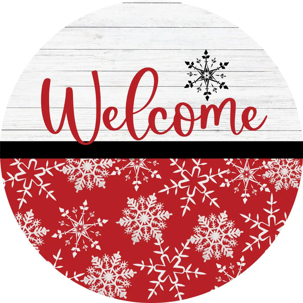Welcome Red Snowflake And White Wood-Metal Sign 8 Circle