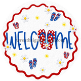 Welcome Red White Blue Flip Flop Sign-Circle Metal Wreath Sign 8’’