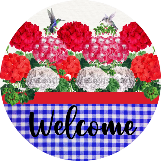 Welcome Red White & Blue Geraniums _Floral Wreath Metal Sign 6