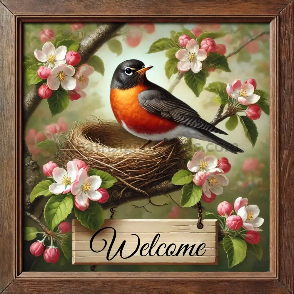 Welcome Robin In Apple Blossoms Metal Wreath Sign 10”