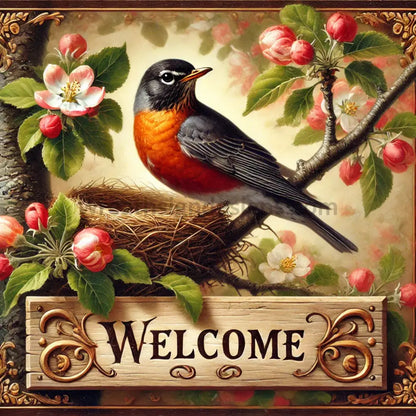 Welcome Robin In Apple Blossoms Metal Wreath Sign