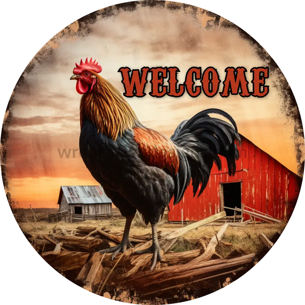 Welcome Rooster With Red Barn Sign Wreath Metal Sign 6